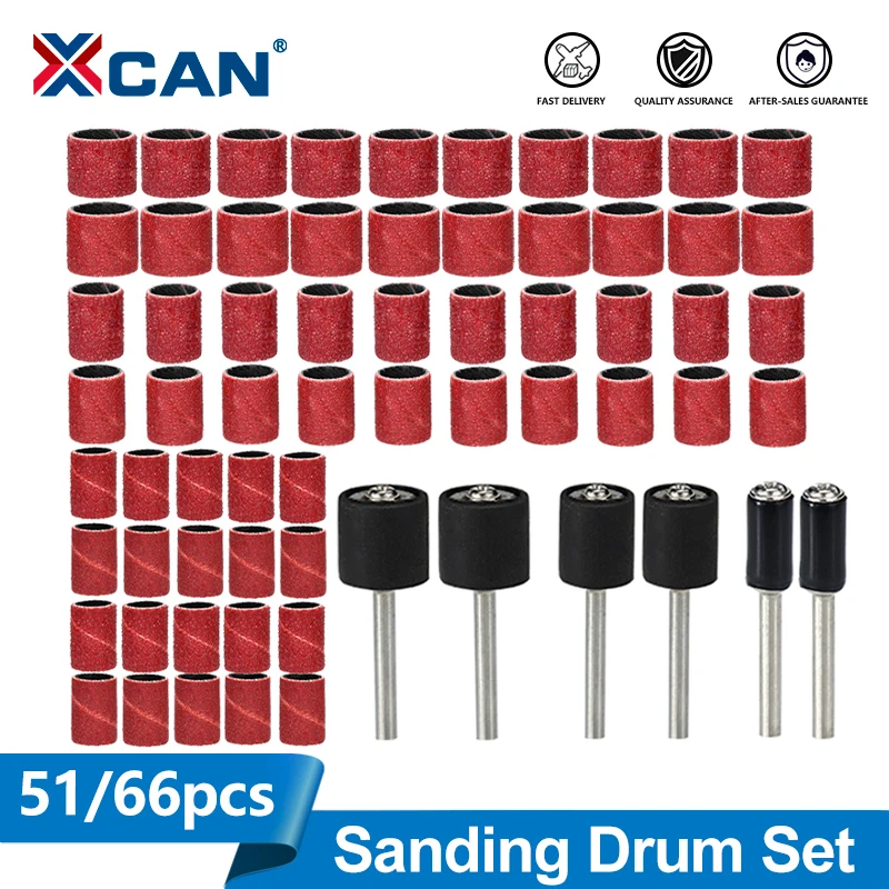 

XCAN 51/66 шт. набор шлифовальных барабанов 1/4 3/8 1/2 дюйма, шлифовальная лента с оправками для дрели для ногтей Dremel, вращающиеся абразивные инструменты