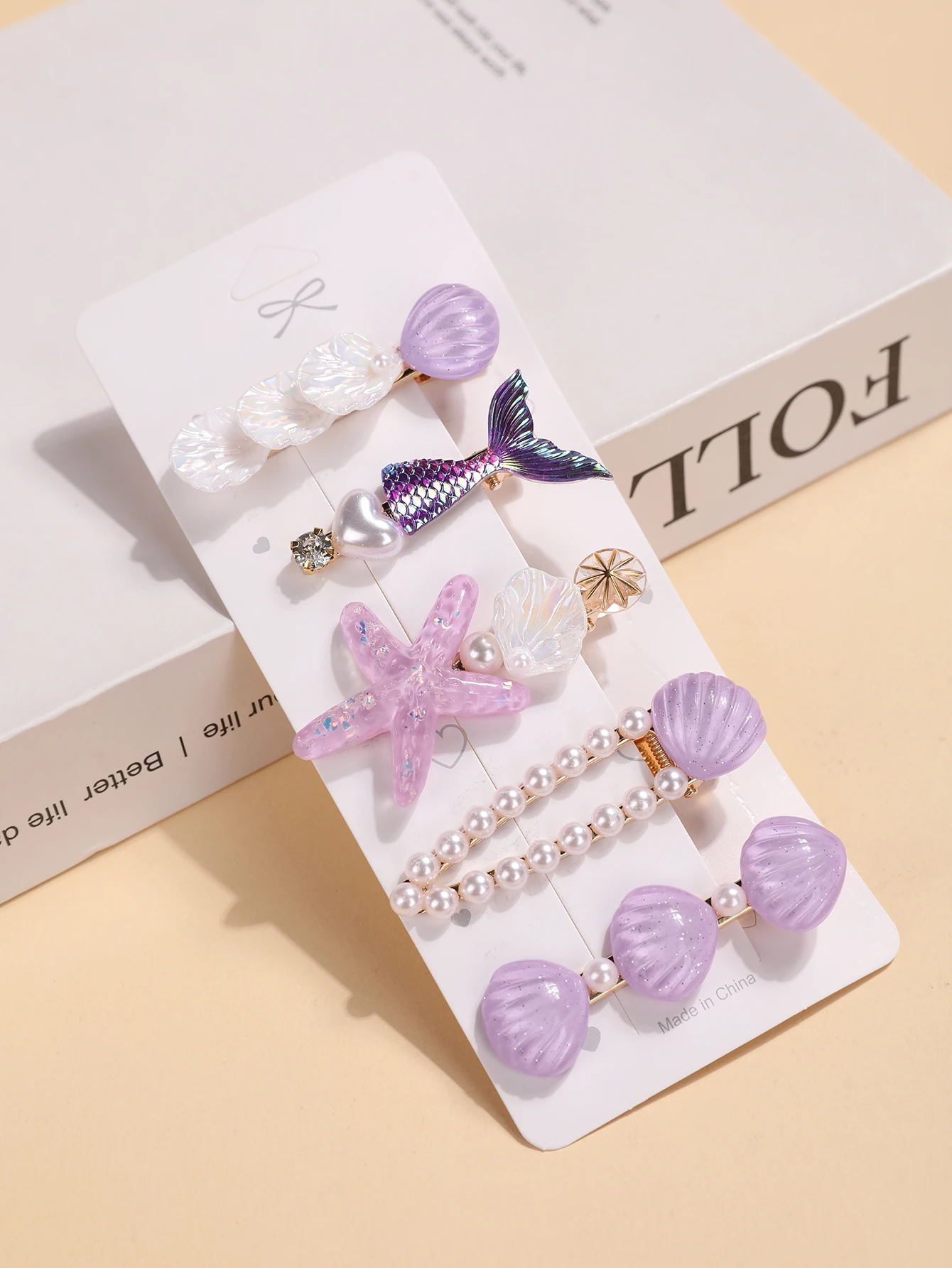5-teiliges Set Blaue Haaraccessoires im Ozean-Stil - Meerjungfrauenschwanz, Muschel, Seestern und Perlen-Haarspangen - Niedliche Teenager-Seitenknoten-Accessoires – Detail 7