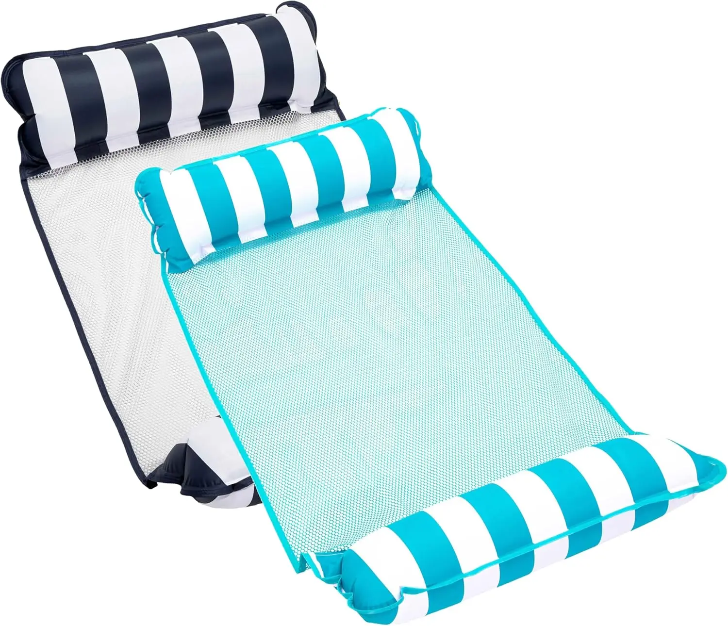 

Надувной плот-гамак 4-в-1 для взрослых, из утолщенного ПВХ с защитой от прилипания, светло-голубой с темно-синими/белыми полосами, 2 штуки в упаковке