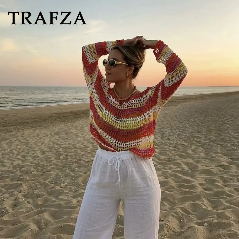 TRAFZA 2024 Spring Summer Casual Patchwork Women Sweaters Fashion Streetwear O Neck Crochet Striped Chic Ladies Loose Sweaters