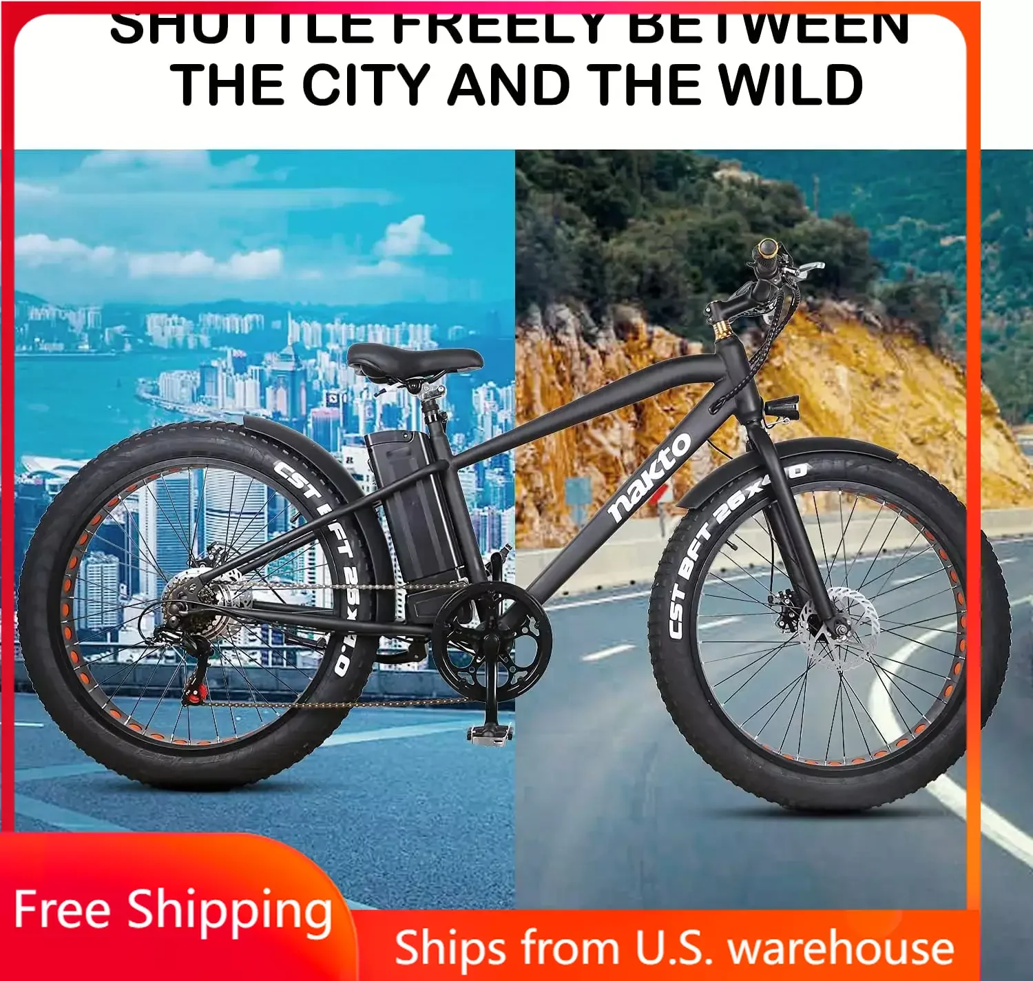 

NAKTO Electric Bike, 20"/26" X 4.0 Fat Tire Bicycle with 350W/500W Motor, Snow Ebike, Shimano 6-Speed and Dual Disc Brakes