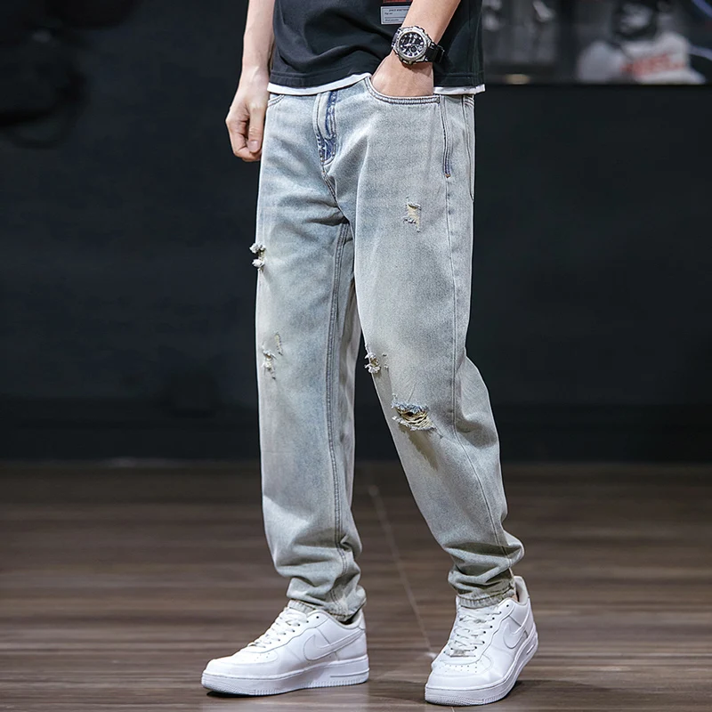 

Street Fashion Men Jeans Retro Light Blue Loose Fit Hole Ripped Jeans Men Vintage Designer Straight Wide Leg Denim Pants Hombre