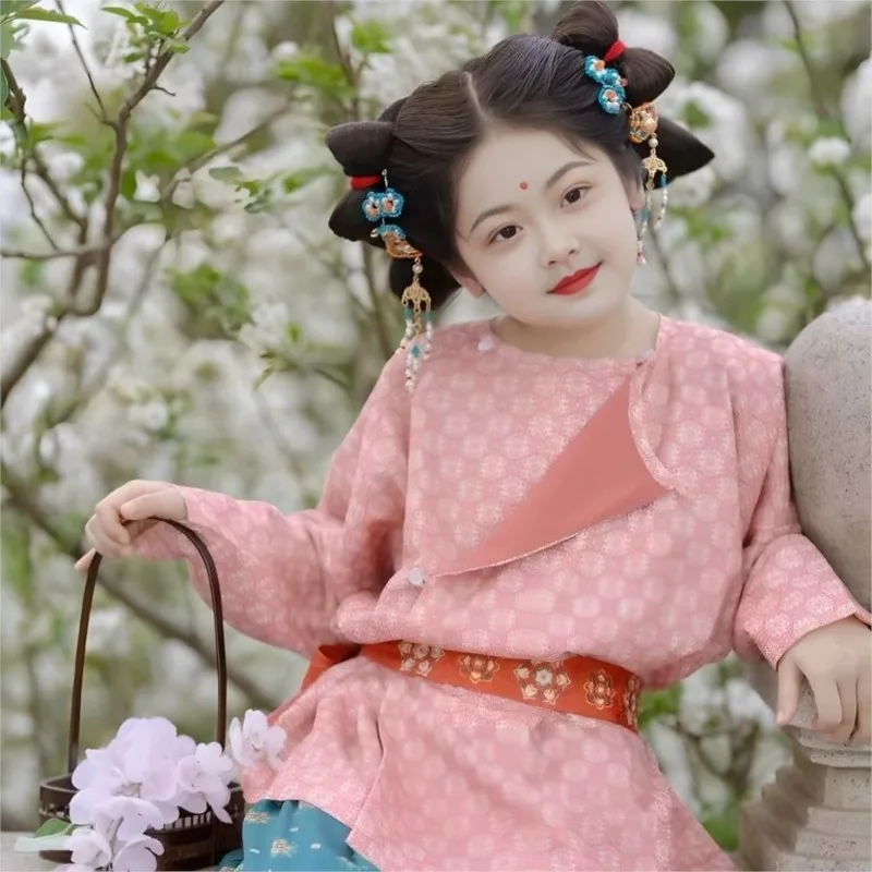 2026 Creative Children's New Tang Retro Round Neck Top Pants Girls' Long Sleeve Top Chinese Ancient Costume 2-piece Set LJ415