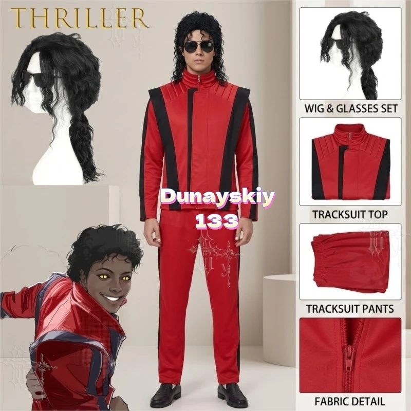 Mael Jackson Thriller Red Leather Full Set Unisex Adult Stage Show Ready Stock Cosplay Costume mj red stage party Halloween cos