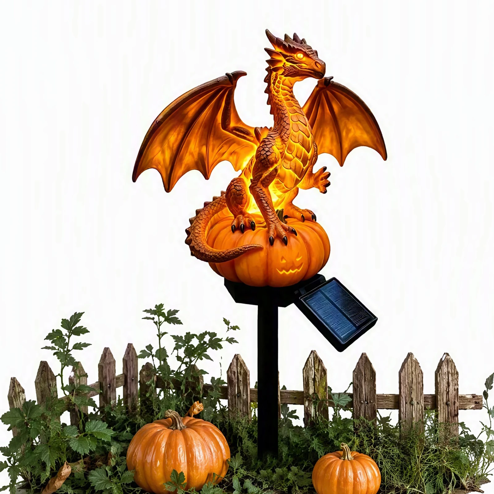 Pumpkin Dragon Resin Solar Stake Light Garden Animal Statue Outdoor Night Lamp Yard Decor