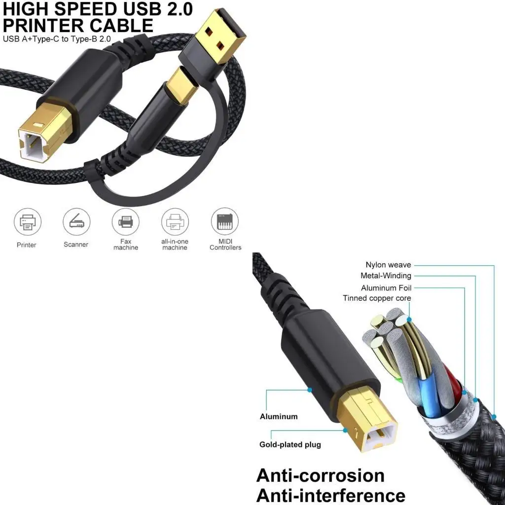 2 في 1 USB إلى USB B سلك تحكم كابل الطابعة المضفر للطابعات المكتبية وواجهات الصوت