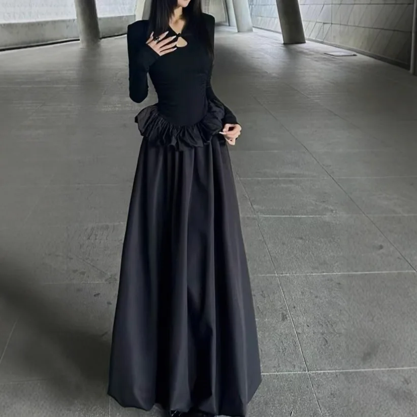 Nuevo vestido largo negro de manga larga de estilo chino con botones de nudo chino y vestido con cuello semiabierto