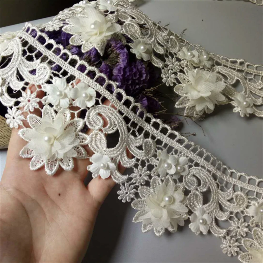 1 Yard Ivory 9cm Pearl 3D Flower Tassel Lace Trim Ribbon Fabric Embroidered Applique Sewing Craft Wedding Dress Clothes New