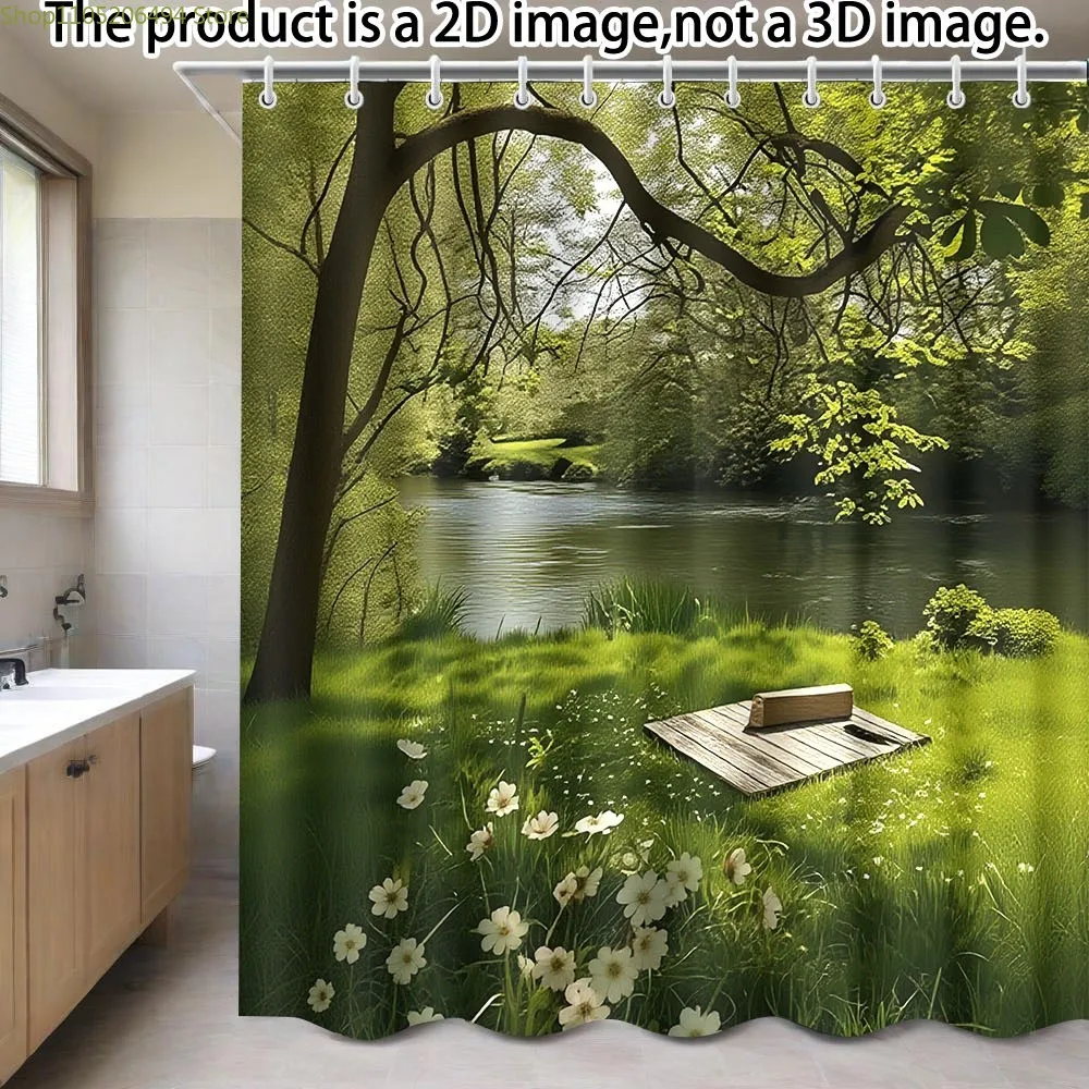 

1 шт. полиэстеровая занавеска для душа | 180x180 см, современный стиль, тема спокойного зеленого пейзажа, в комплекте 12 крючков, прочный и стильный, Id