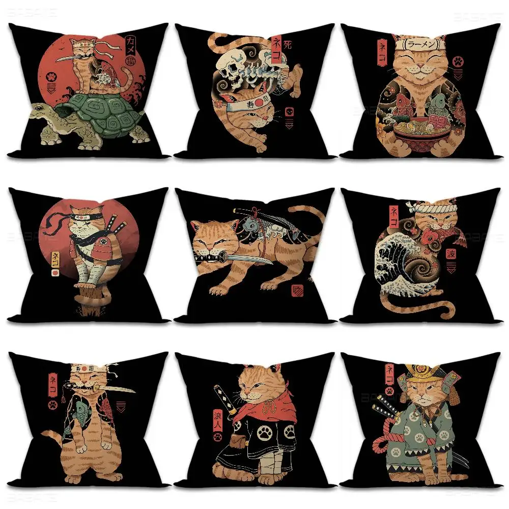 Japanese Samurai Cat Office Cushion Pillowcase Car Cushion Cover45X45CM Lumbar Pillowcase Sofa Pillowcover