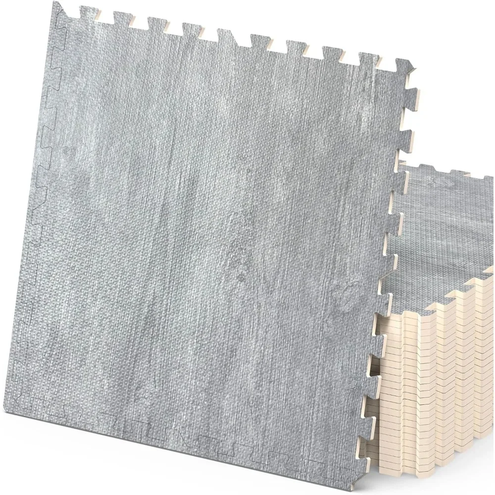 

100 Sq. Ft 3/8 Inch Thick Printed Foam Tiles Interlocking Foam Mat, 24" x 24", 25 pcs, Grey Wood Grain Style Print Carpet
