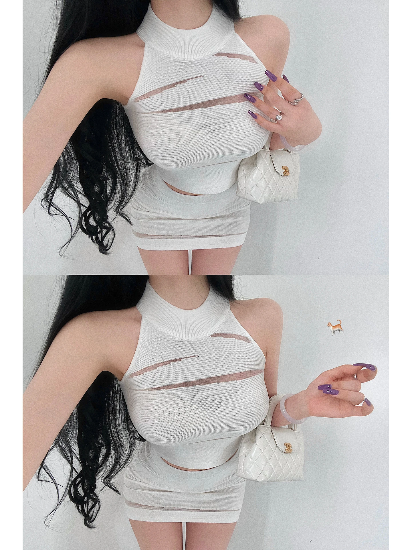 Young Girl Day Pure Desire Sexy Mesh Hollow out Sleeveless Knitted Vest High Waist Bodycon  Skirt Two Piece Set for Women