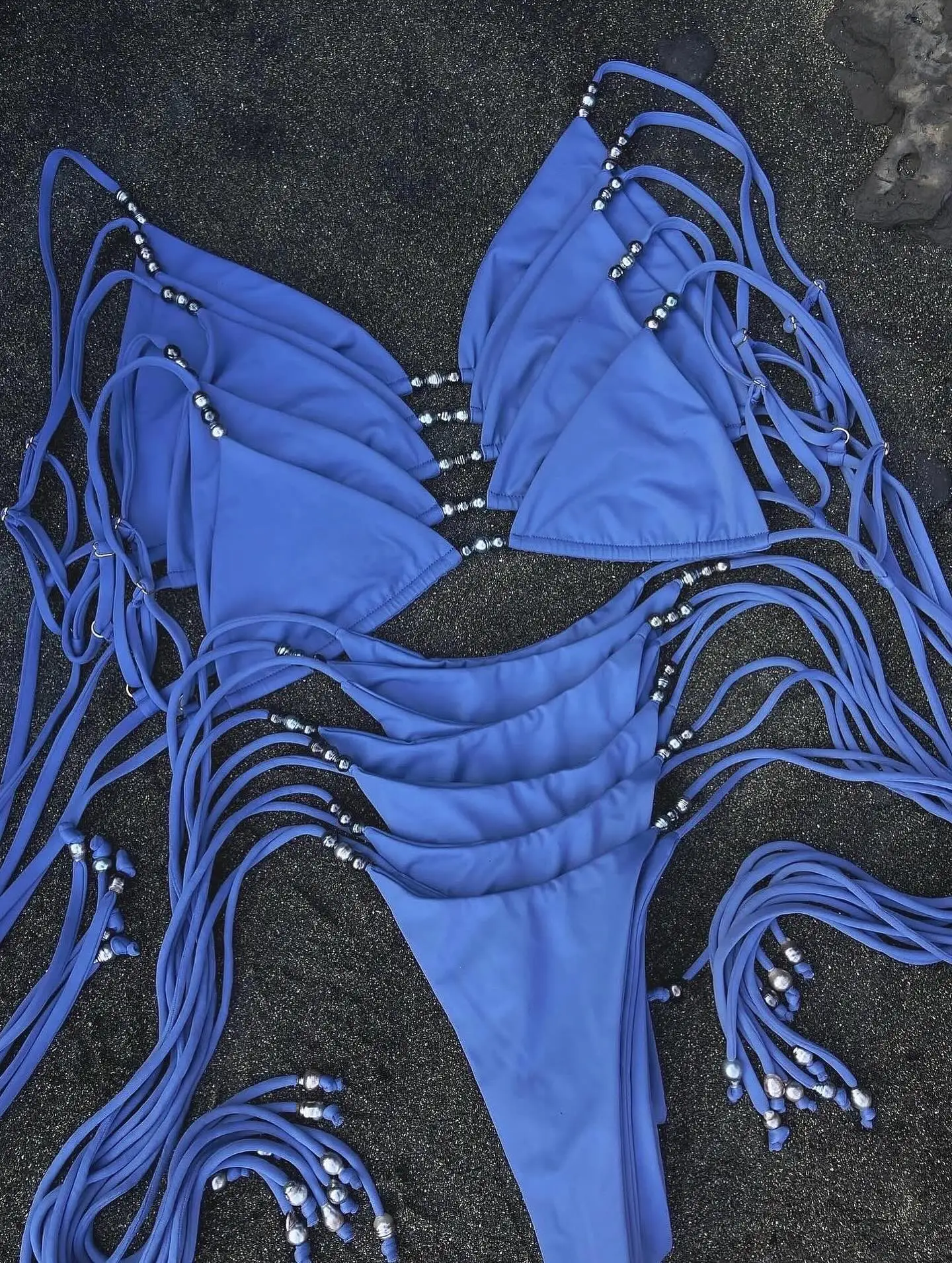 

Solid Triangle Bikini With Beads Swimsuit Women Sexy Swimwear Bandeau Biquini Micro Bikinis Swimsuit Bathing Suit Beachwear