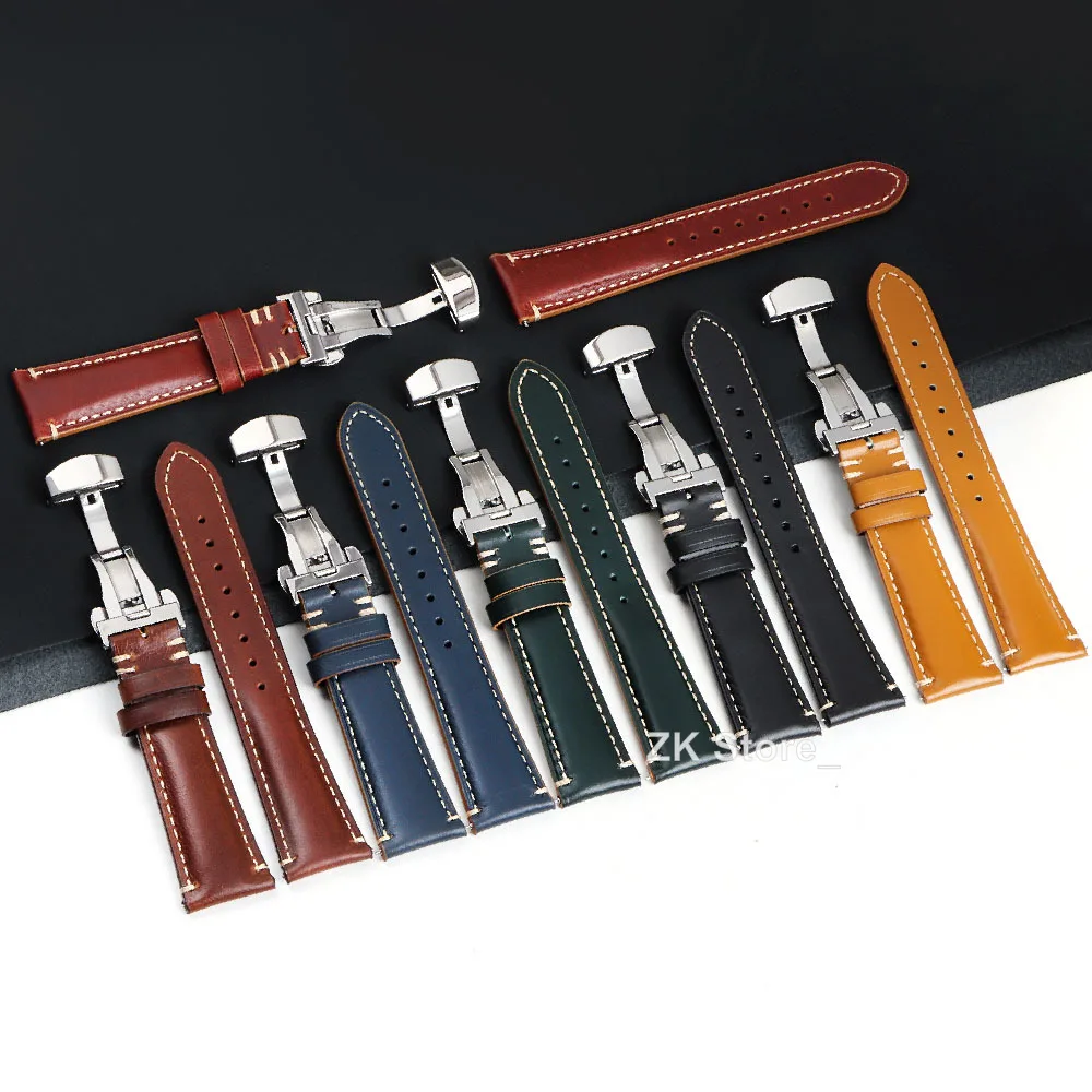 Smooth Genuine Calfskin Leather Watchband 20mm 22mm 24mm Watch Straps with Solid Automatic Butterfly Buckle Business Watch Band