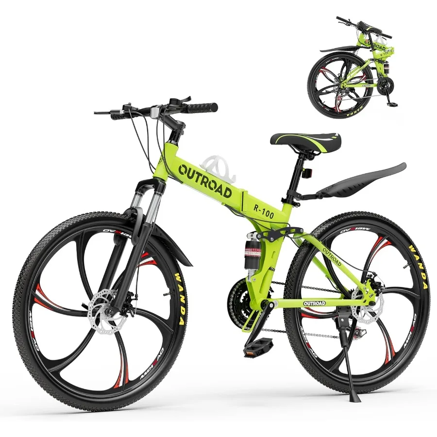 

26 Foldable Mountain Bike for Adults and Teens 21-Speed Full Suspension with High-Carbon Steel Frame Dual Disc Brakes Quick-Rel