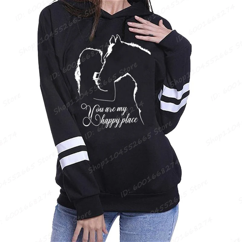 Women Fashion Creative Horse And Girl You Are My Happy Place Print Hoodies For Women Funny Long Sleeve Pullover Sweatshirt