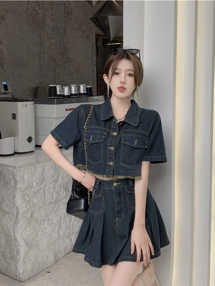 

2026 Korean Style High Waist Denim Skirt Set for Petite Women Summer Fashion Slim Fit Midi Skirt Outfit