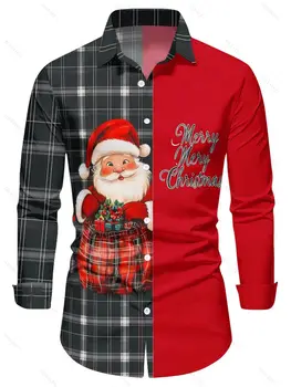 Chemise pour hommes 3D thème du Père Noël couture impression drôle à manches longues chemise à revers de Noël décontracté nouvel an chemise cadeau de Noël