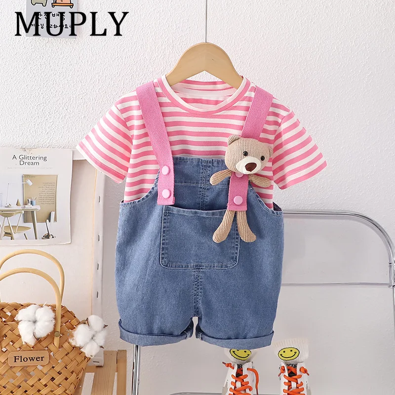 Cute Baby Girl Clothes New Summer Fashion Striped Short Sleeve Tops and Denim Overalls Shorts Two Piece Girls Outfits Sets