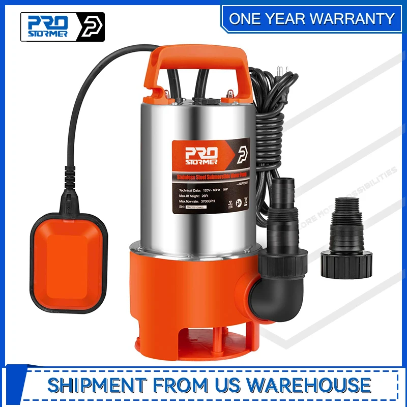 Stainless Steel Sump Pump1HP 3700GPH Submersible Clean with Float Switch for Fresh Water and Pool Water Orange By Prostormer