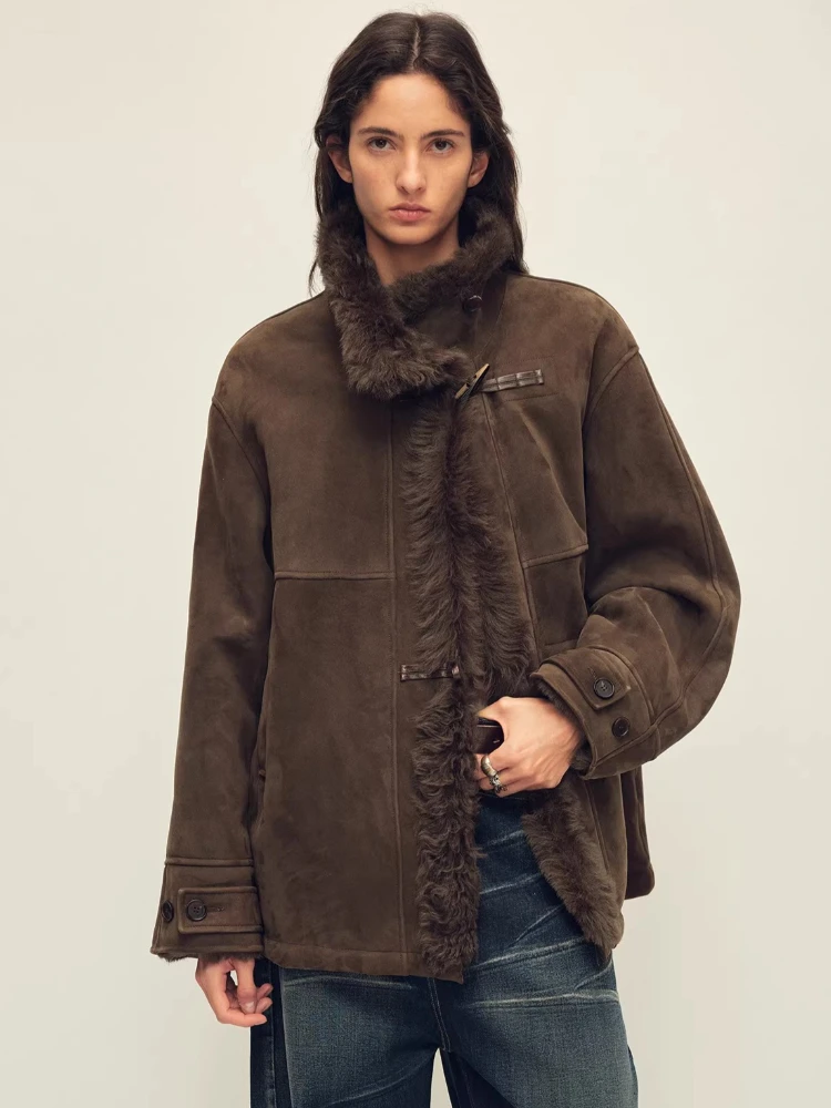 

High-end Luxury Toscana Lamb Fur Suede Jackets for Women 2026 Simple Vintage Loose Winter Genuine Leather Real Fur Fleece Coat