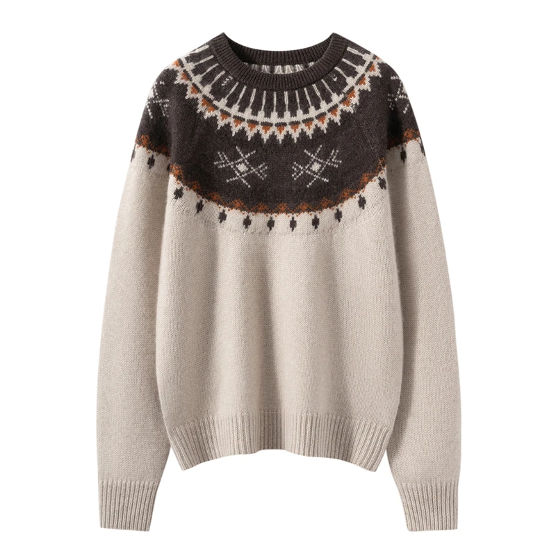 

Luxury Women 100% Cashmere Sweater Round Collar Thick Pullover Vintage Jacquard Cashmere Knitwear Autumn Winter New Chic Tops