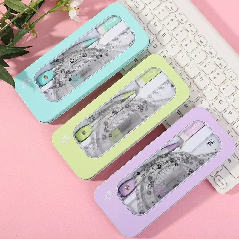 

1-set Durable 7-in-1 Measuring and Drawing Tool Set, Including Compass, Protractor, Ruler, and Eraser