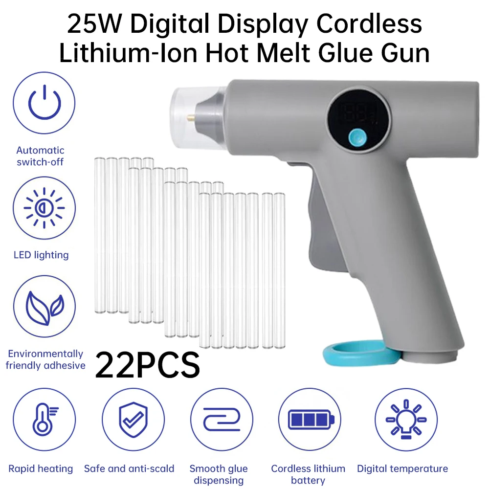 Pistola de cola quente digital 25w, iluminação led, recarregável, pistolas de silicone quente com 22 peças de cola, anti-escaldante, ferramenta de reparo diy