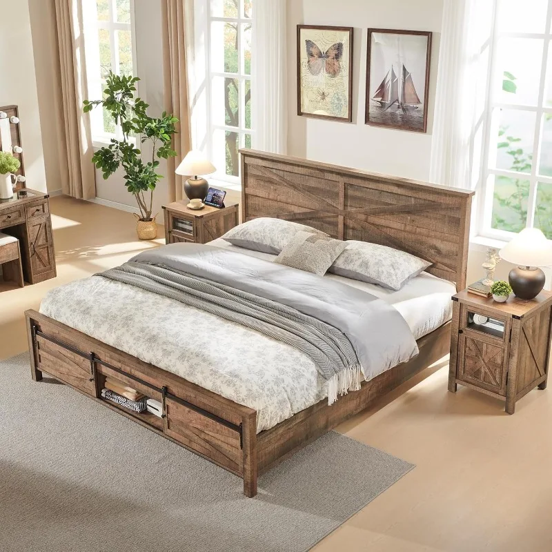 

Farmhouse Wood Bed Frame Queen Size with Sliding Barn Door Storage Cabinets and Headboard, Solid Wood Slats Support