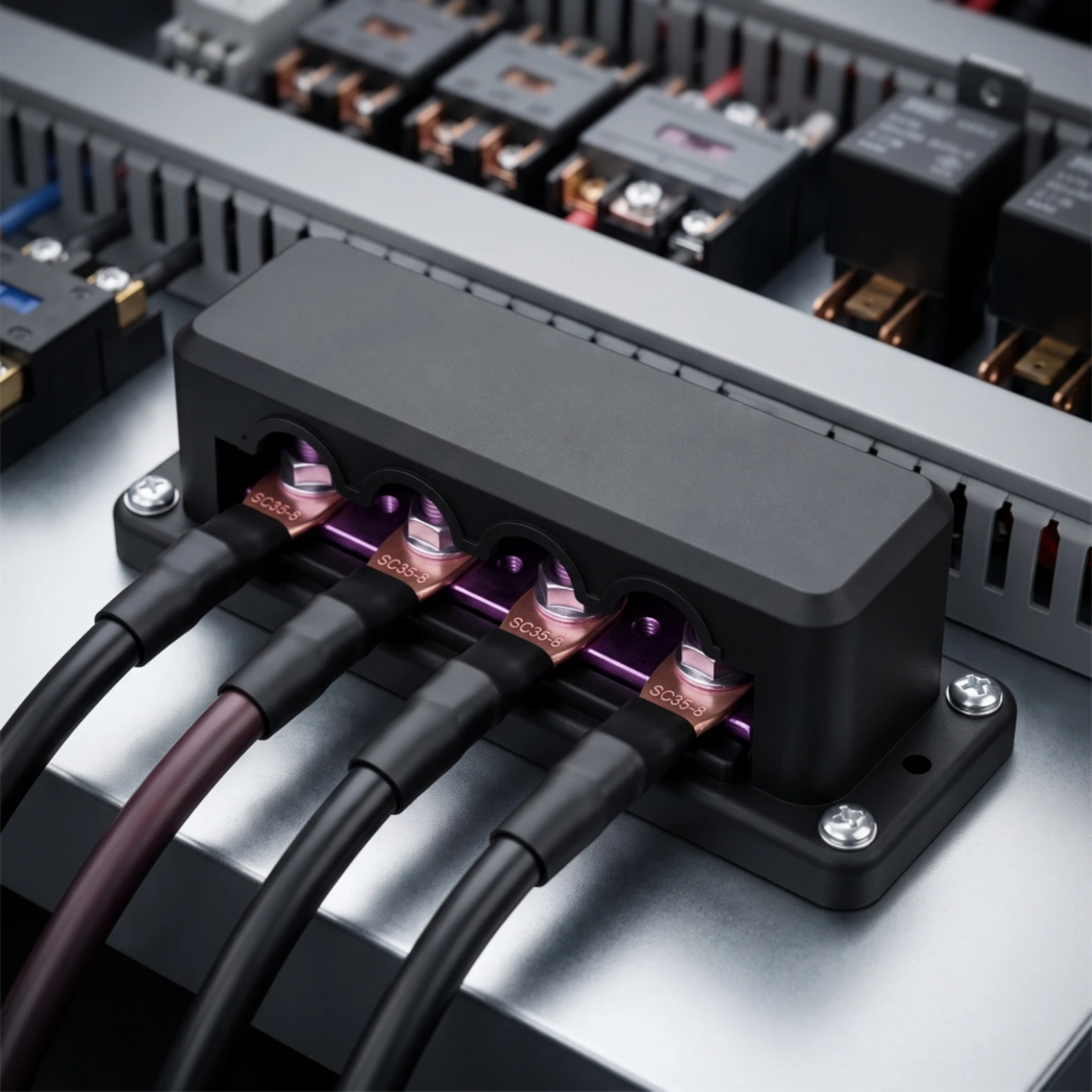 Four-Way Busbar with M8 Posts Insulated Power Distribution Block with Cover Bus Bar with 4 Studs Guarding Electrical Component