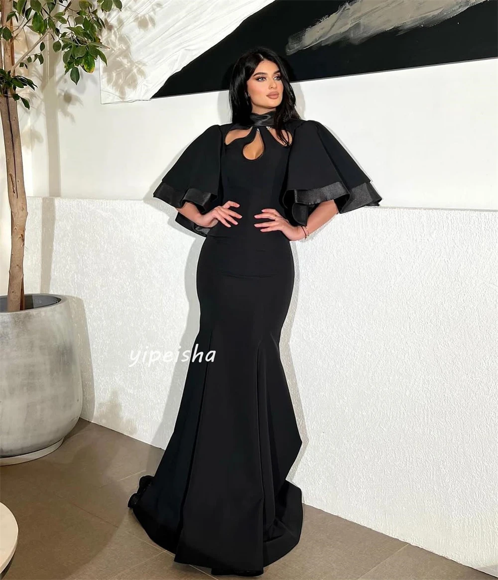 Robe de soirée longue froncée en jersey, tenue de cocktail, coupe trapèze, col haut, sur mesure, Arabie Saoudite