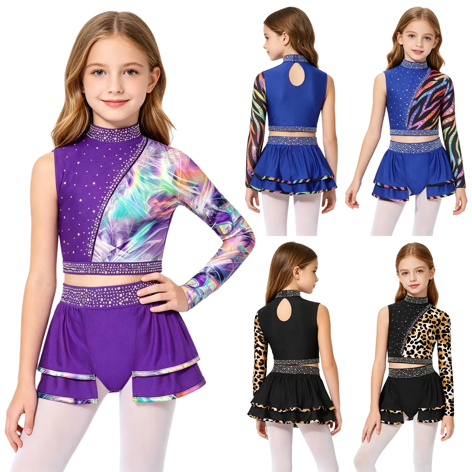

Girls 2 Piece Shiny Rhinestone Dance Costume Asymmetrical Left Long Sleeve Crop Top Skirt Breathable Quick Dry Stage Competition