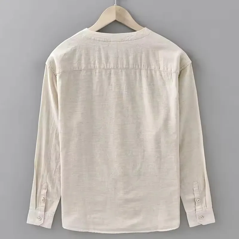 2026 Spring Summer New Simple Casual Cotton Linen Long Sleeve Shirts for Men Clothing Thin Breathable Round Neck Shirts