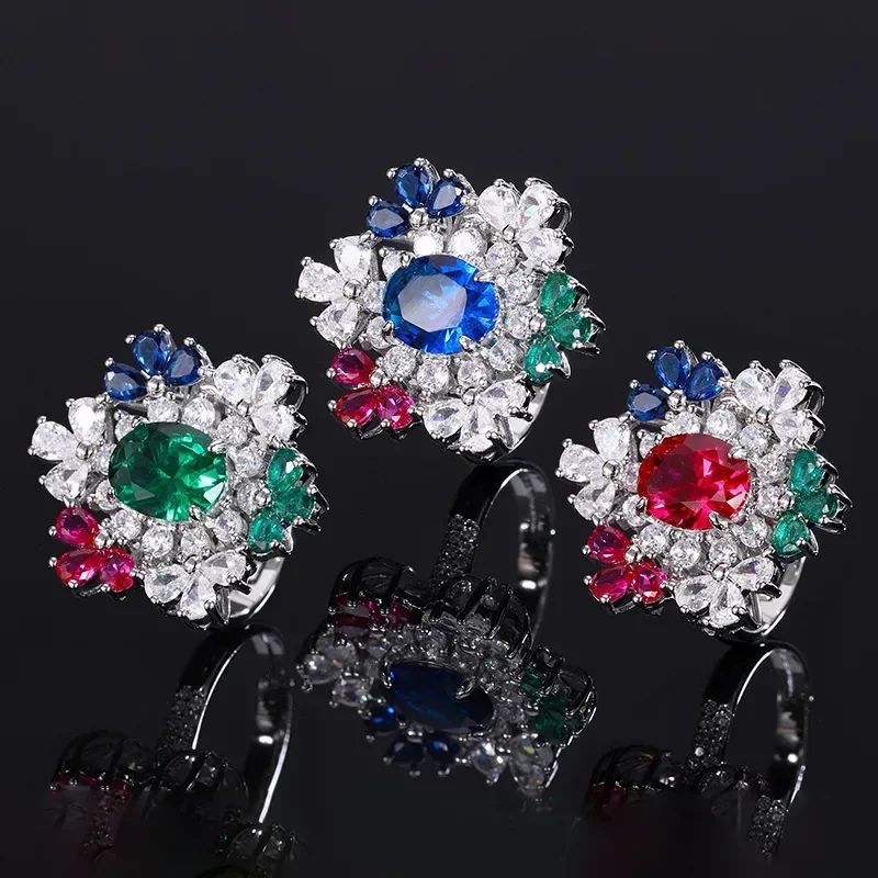 

Colorful 5A Cubic Zircon Water Droplet Crystal Flower Adjustable Ring Accessories for Women Bride Luxury Vintage Jewelry Gift