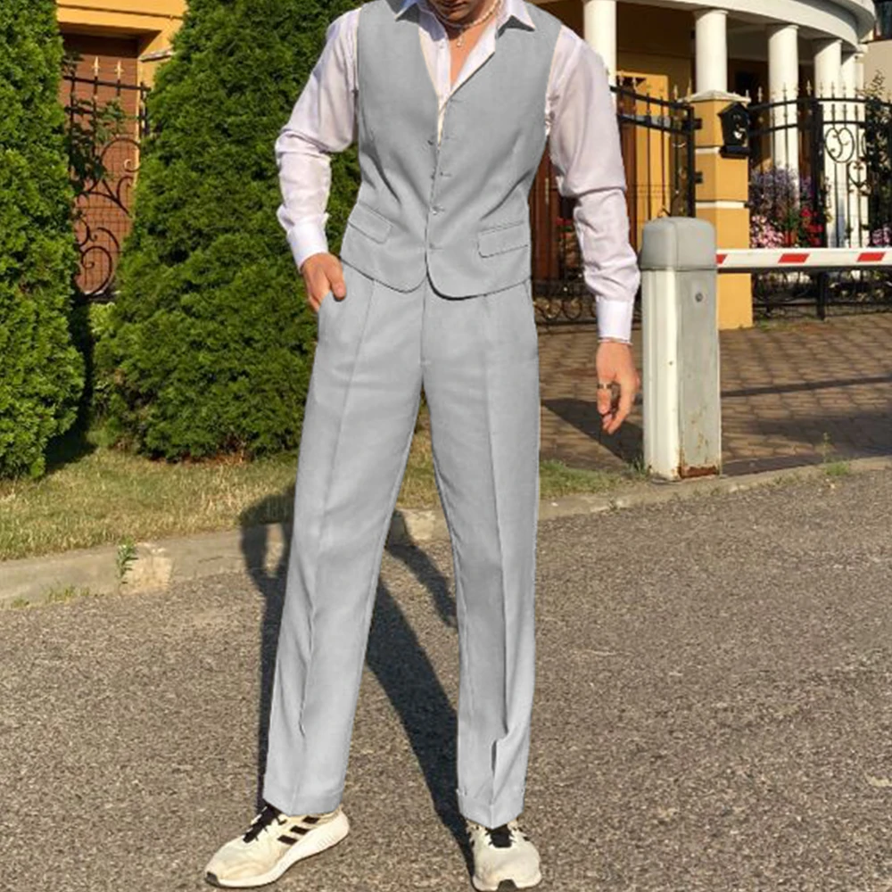Homens colete calças terno 2 peça conjunto fino ajuste decote em v único breasted casual elegante escritório de negócios formal wear elegante confortável b
