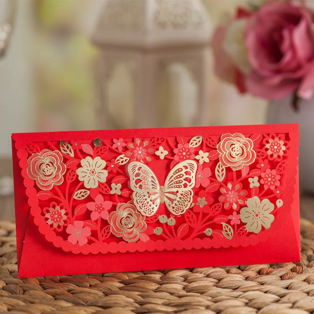 

6pcs Laser Engraving Chinese Red Envelopes Rectangular Embossed Red Packet Hollow Three-dimensional Lucky Money Bag Marriage