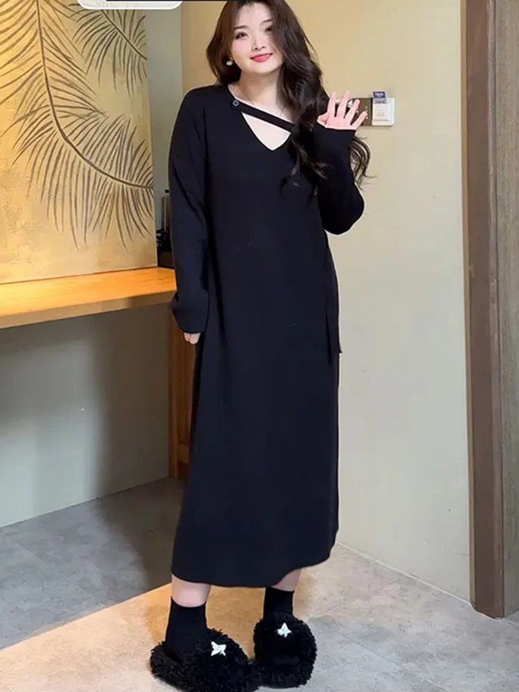 

Medium-Length Slimming Sweater Dress for Women Trendy V-Collar Long Sleeve Velvet Fabric Autumn Winter Korean Style CQ287