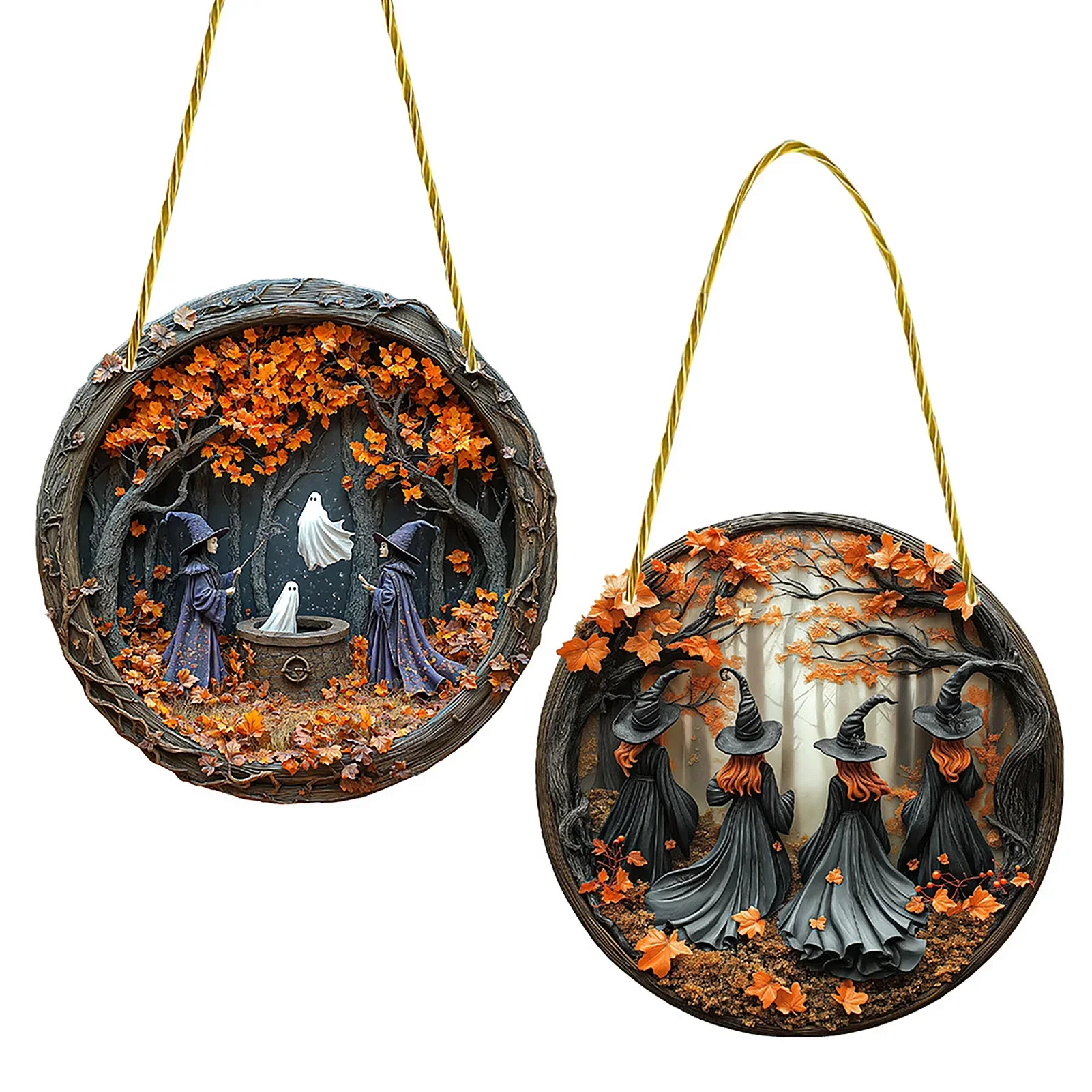 

2Pcs 2025 Halloween Not 3D Flat Acrylic Hanging Decorations with Witch and Forest Designs 20cm Round for Window Ornament