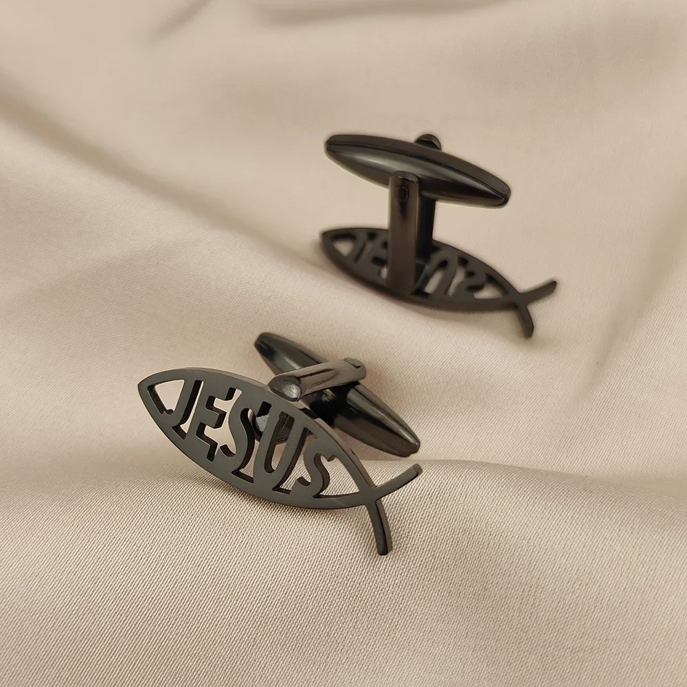 Man Cufflinks Stainless Steel Hollow Fish Jesus Letter Buttons Cufflinks for Shirt Gold Plated Religious Jewelry Gifts for Dad