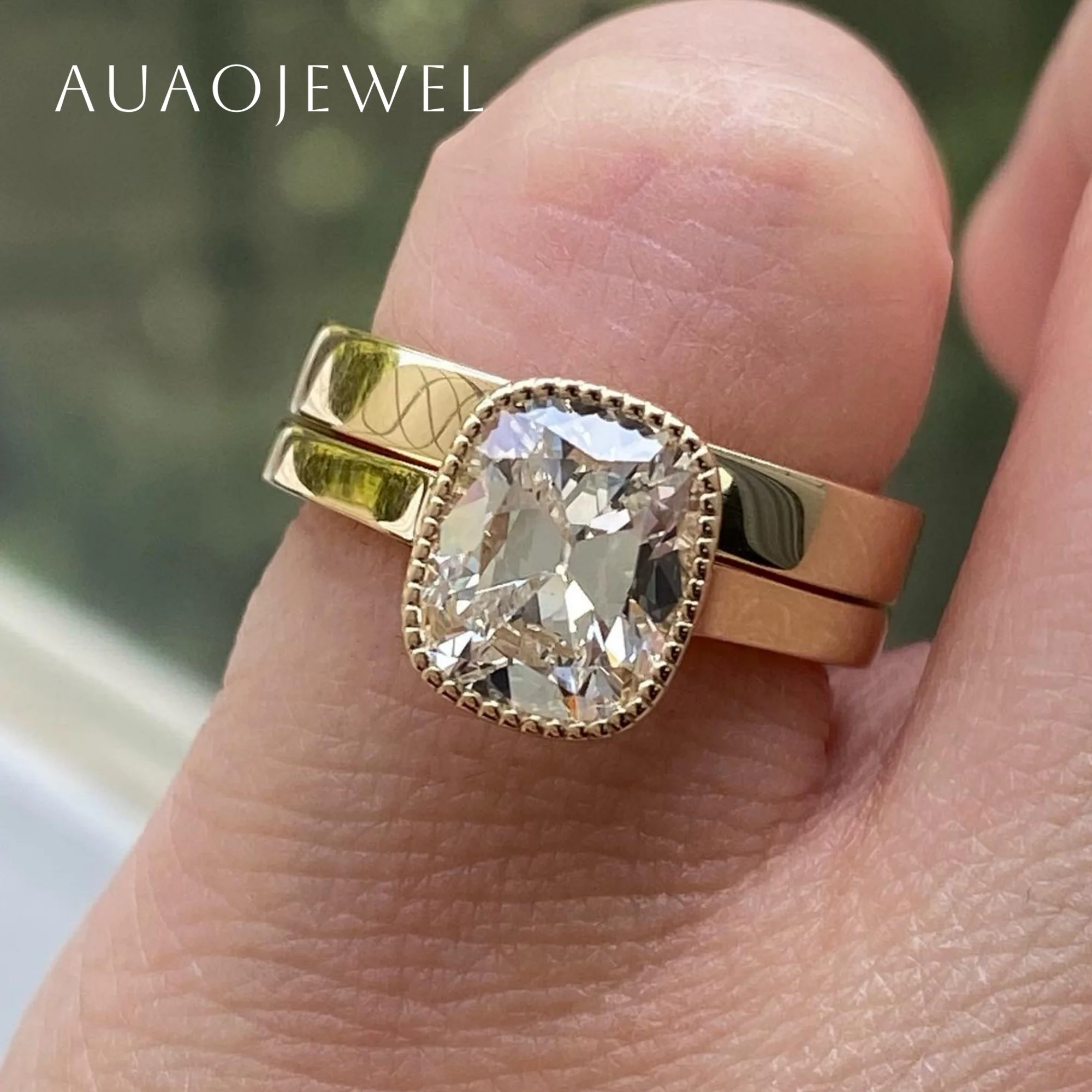 AUAOJEWEL 1.5Carat Cushion Cut Moissanite Ring Wedding Band Set Sterling Silver 925 Rings Gold Jewerely 18K 14K 10K For Women