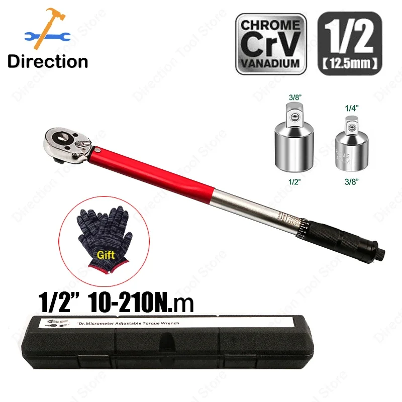 10-210Nm Torque Wrench 1/2 Precision Bidirectional Ratchet Torque Wrench Professional Bicycle Motorcycle Car Hand Tool & Adapter