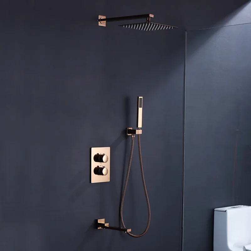 Luxury Full Copper Rose Gold Shower System with Constant Temperature Control and Concealed Wall Mount for Bathroom