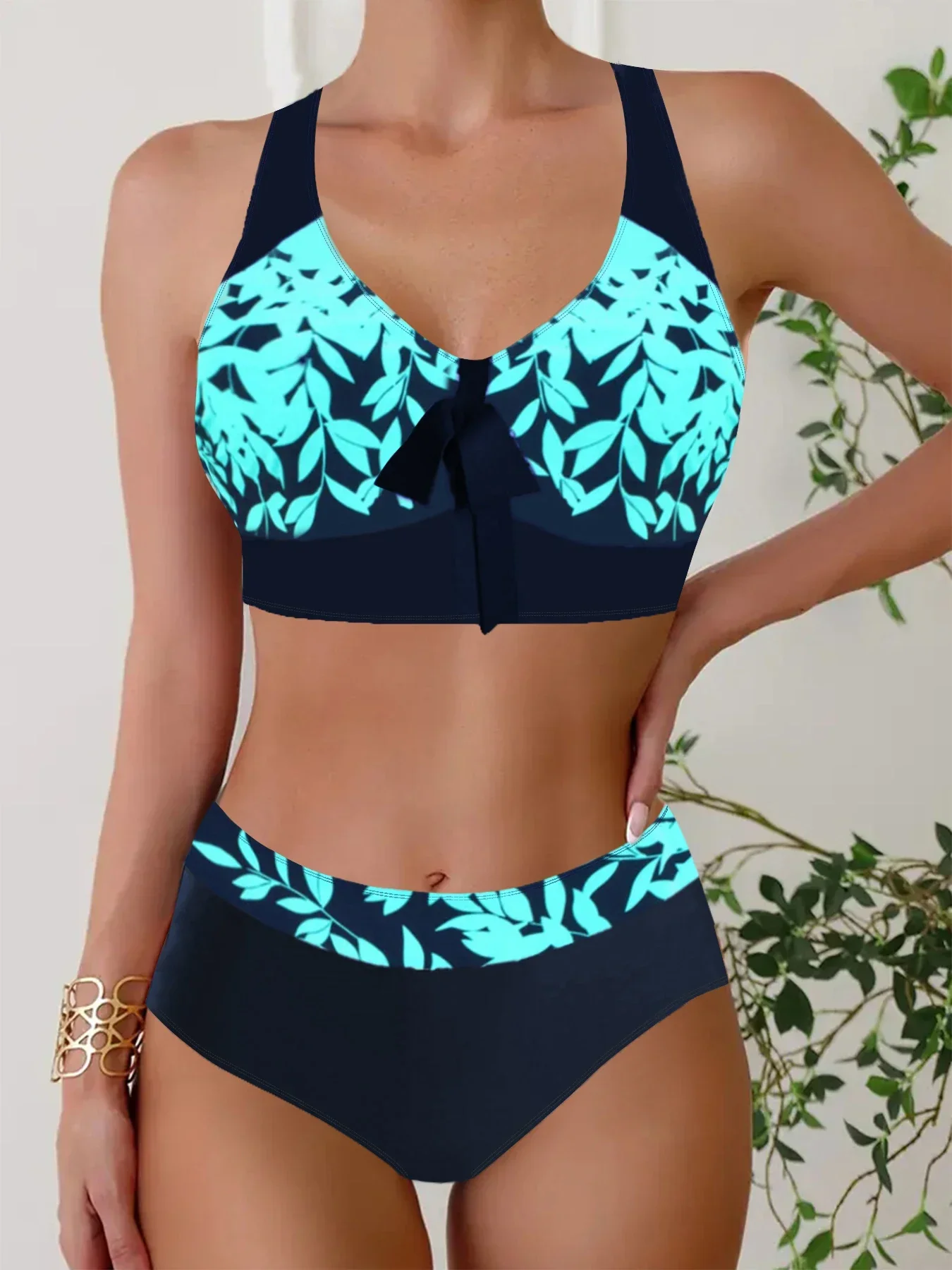 

New Summer Women's Holiday Resort Style Swimwear Fashion Design Bamboo Leaf Printed Swimsuit Two Piece Set S-5XL