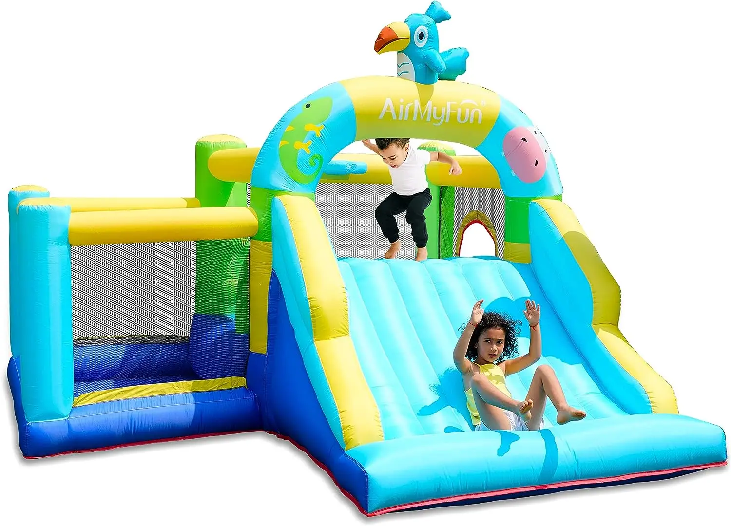 

AirMyFun Bounce House with Blower, Inflatable Jump Bouncy Castle for Kids, with Wide Slide, Ball Pool for Backyard Play & Party