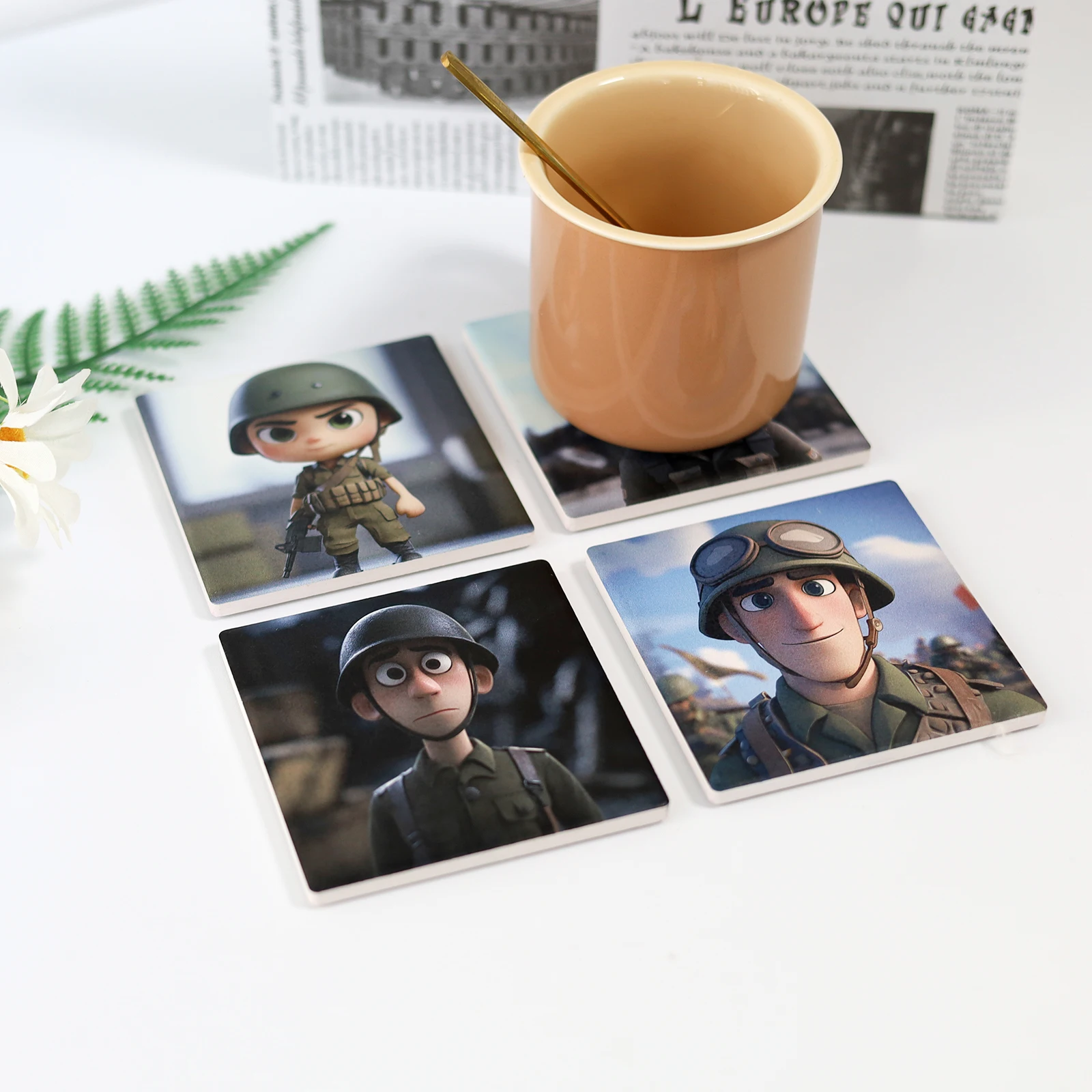 

Square Coaster Cartoon Soldier Pattern with Helmet Ceramic Cork Absorbent Pad Heat Insulation and Anti Slip Drinkware Decoration