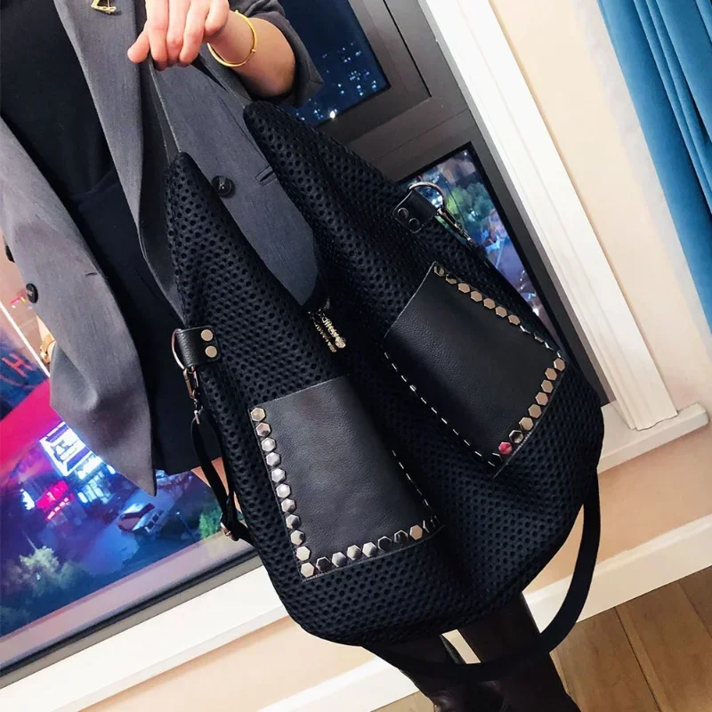 Fashion Promotion crossbody Women Bag Personality Mesh Large Capacity Rivet Top-handle Tote Cowhide Travel Designr Shoulder Bag