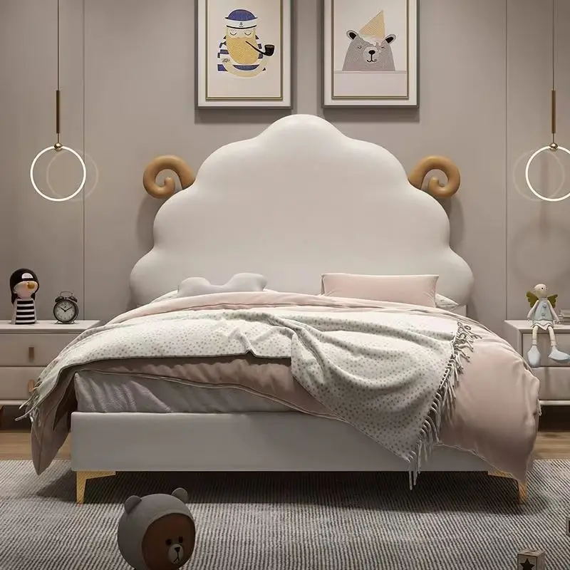 ！@Modern Cartoon Sheep Animal Design Wooden Kids Beds Furniture Cute White Blue Children Bed for Kids