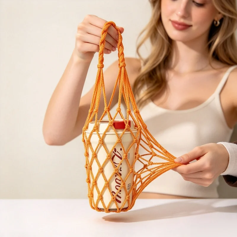 Reusable Hand Woven Mesh Cup Bag Hollow Out Portable Coffee Cup Holder Storage Bag High-Quality Stretchable Fabric Compact Ready