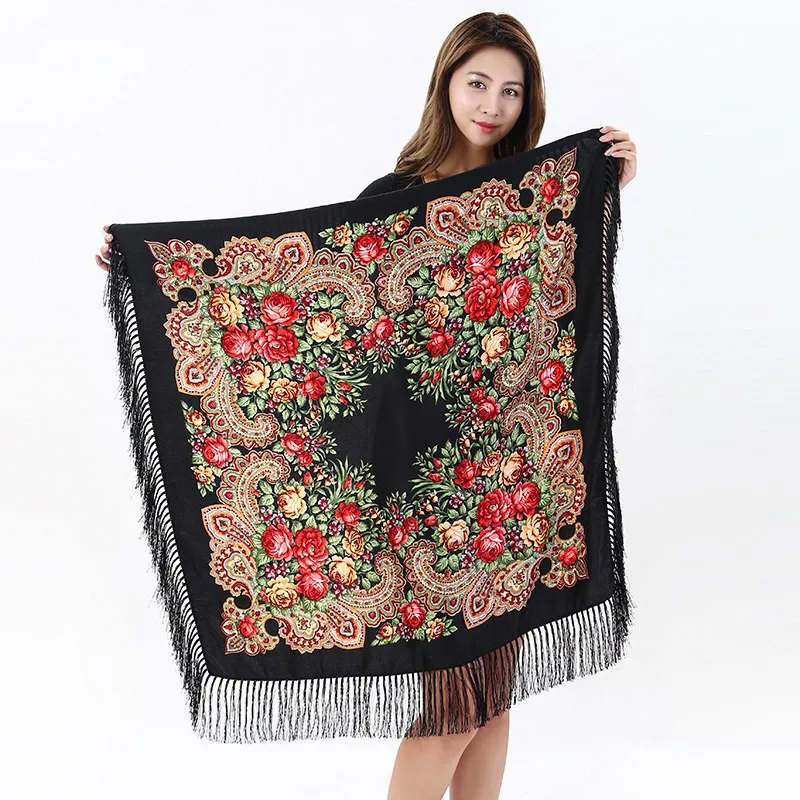 Oversized Square Shawls Women Cotton Print Floral Pashmina Classical Tassels Mujer Bufanda Russian Style Scarf Capes Soft Chal