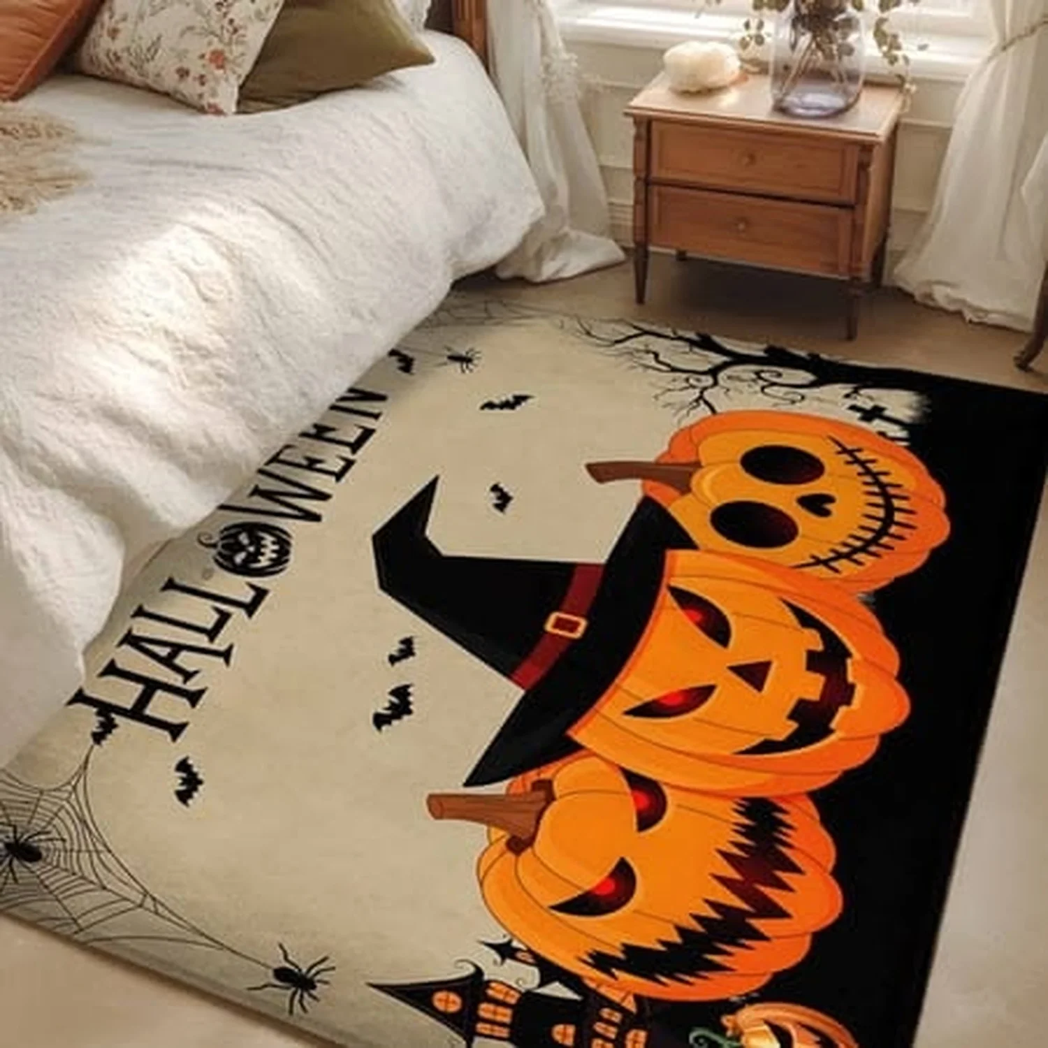 Halloween Orange Pumpkin Witch Hat Pattern Carpet, Suitable for Living Room and Bedroom, Spider Web and Dead Tree Haunted House Floor Mat, Non-Slip, Non-Shedding Indoor Decorative Carpet…